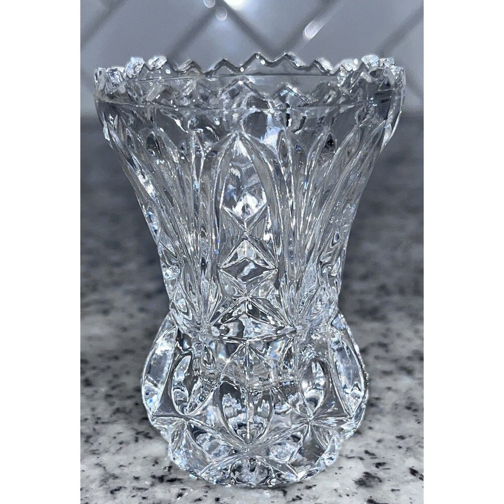 Vintage Cut Crystal Toothpick Matchstick Holder Mini Bud Vase Sawtooth Rim 3”